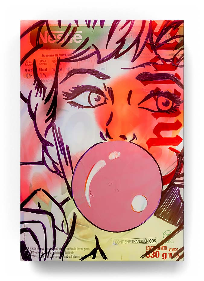 a woman over a cereal box