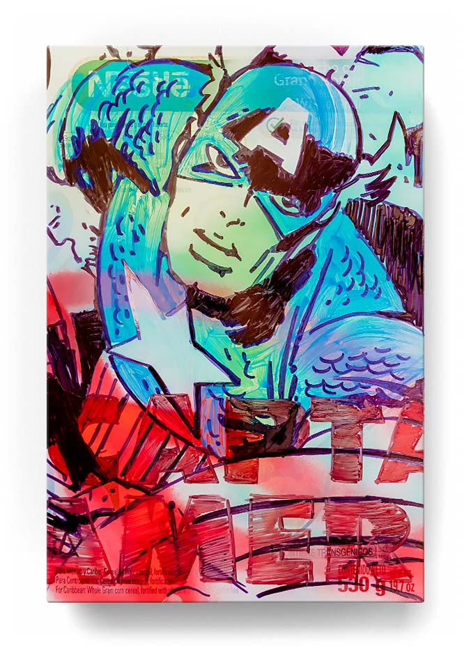 Captain America over a cereal box