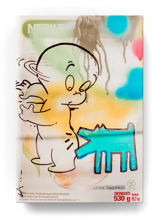 Casper over a cereal box