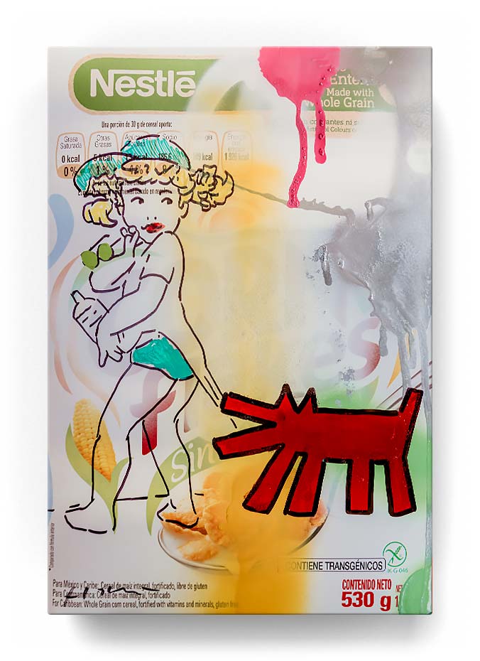 a girl and a dog over a cereal box