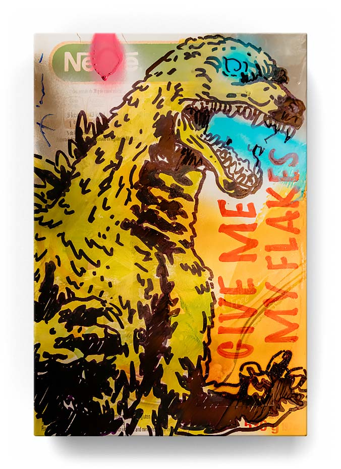 Godzilla over a cereal box