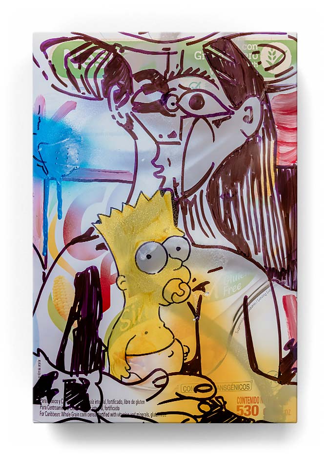 Bart Simpson over a cereal box