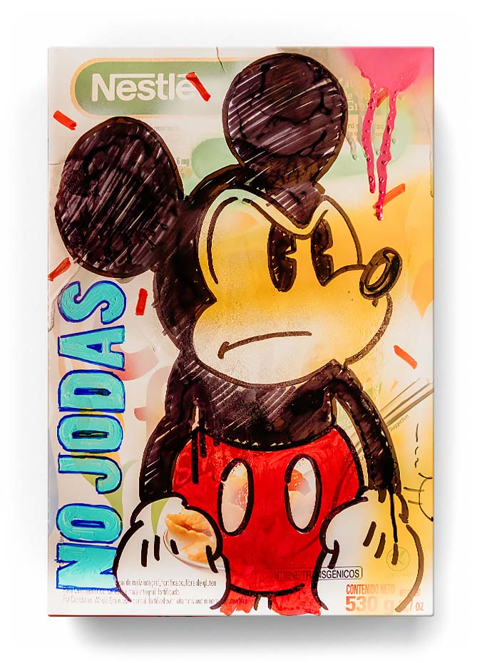 Mickey Mouse over a cereal box