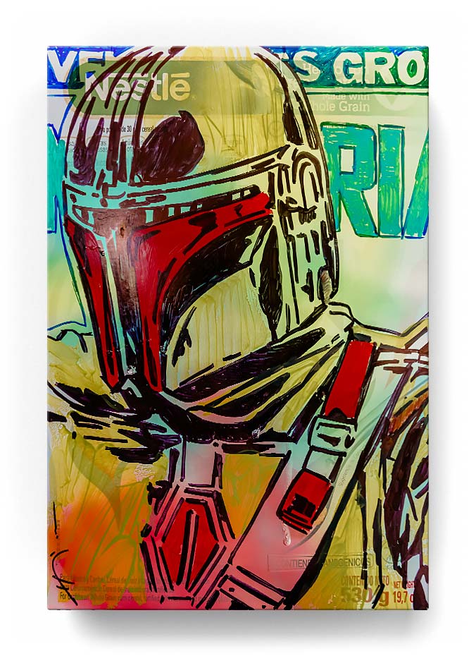 Boba Fett over a cereal box