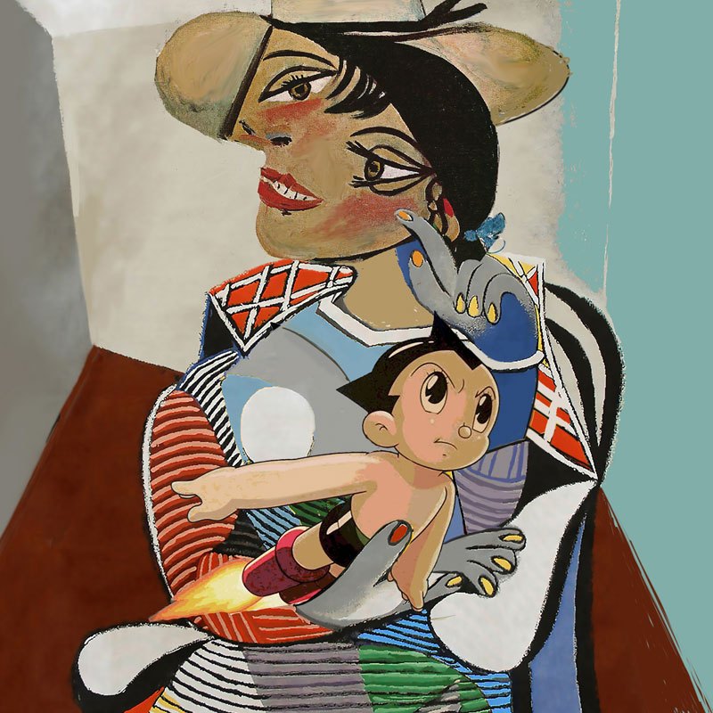 Kid Robot With Mom<br>60" x 60". Original acrylic on canvas.