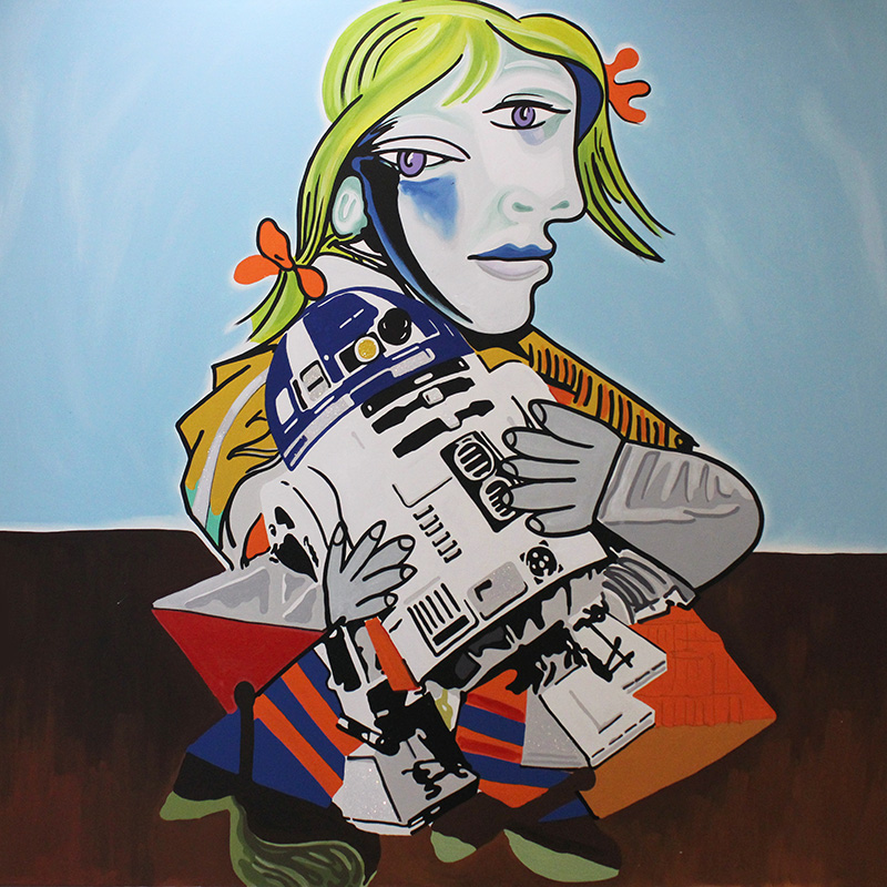 The Lady Holding R2D2<br>60" x 60". Original acrylic on canvas.